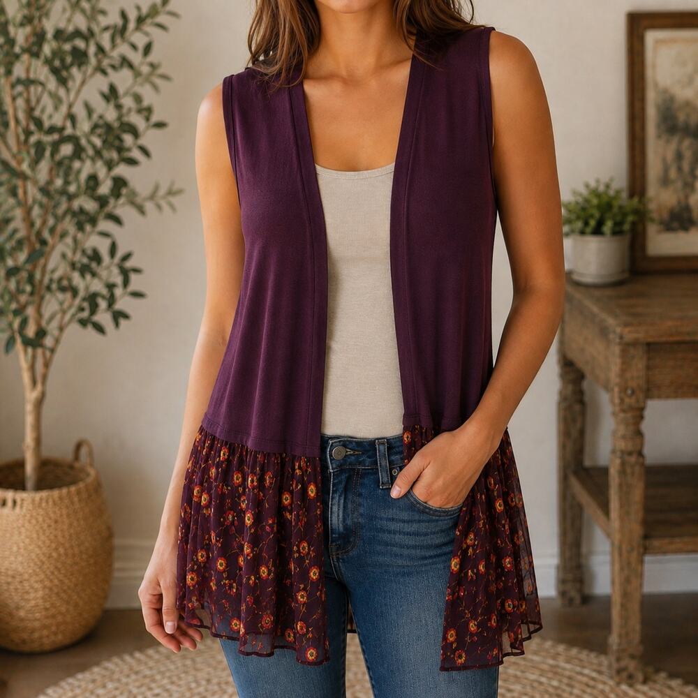 Lori Goldstein Womens Sleeveless Cardigan Size XS Plum Floral Trim Cottage Fairy